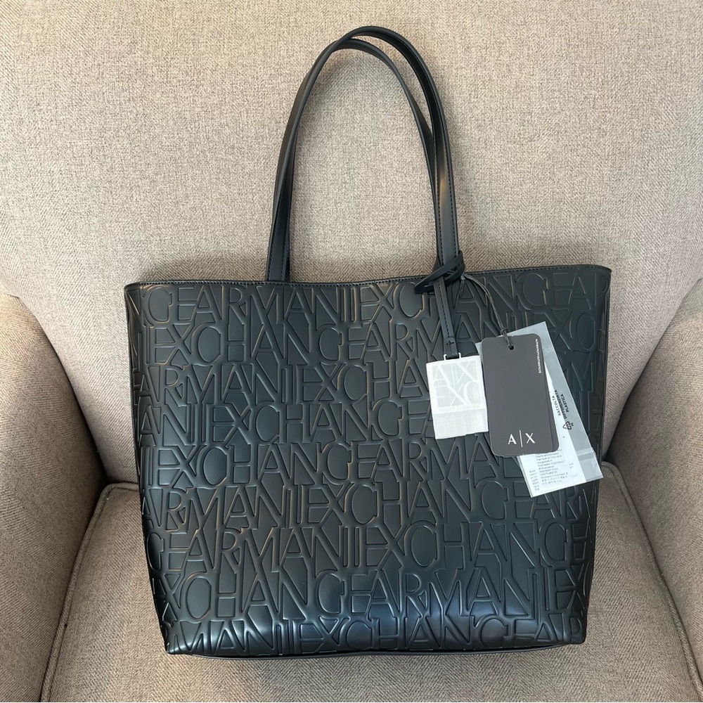 NWT Armani Exchange Liz Embossed Black Logo Tote Shopper, with original dust bag